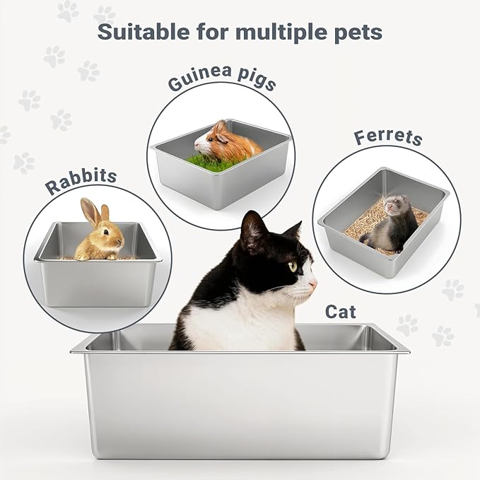 Kirecoo Stainless Steel Cat Litter Box XXL- Metal High Sided Cat Pan, Large Stainless Steel Box, Indoor Litter Tray, Non Stick, No Smell, Easy to Clean, Pet Toilet Supplies for Kitten, Kitty, Rabbit