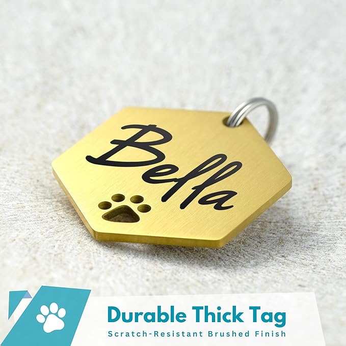 Ultra Joys Dog Tags Personalized for Pets - Hollow Paw Custom Pet ID Tag - Engraved Dog Tag for Small, Large Dogs - Large Hexagon in Gold