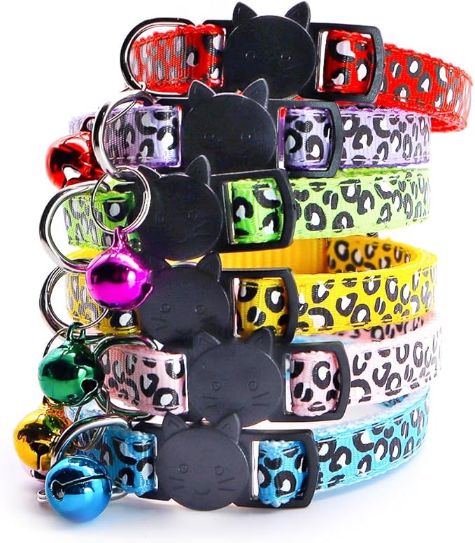 Reflective 2 Pack Breakaway Cat Collars with Bell Leopard Pattern Cute Kitty Adjustable 7.5-12.5 Inch Safe Kitten Collars Charms (Green)