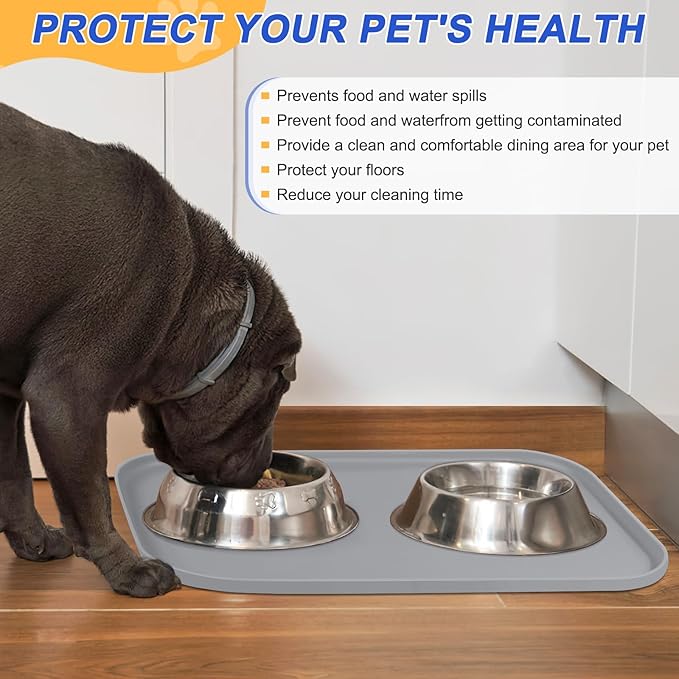 Silicone Pet Feeding Mat with Raised Edge for Food and Water, Dog Bowl Mats, Cat Bowls Placemat with High Lip for Floor Waterproof, Rubber Tray for Cats and Dogs 24 x 16 x0.8 Light Gray