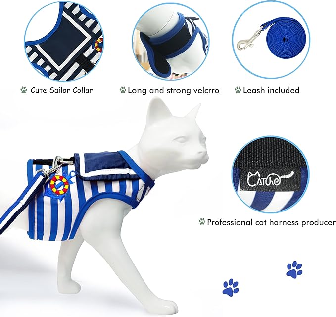 Cat Harness and Leash for Walking Escape Proof, Adjustable Cat Vest Harness, Padded Stylish Cat Walking Jackets, Sailor Suit Navy, Medium