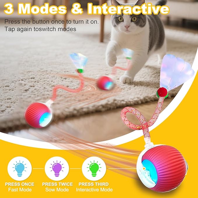 Interactive Cat Toys Ball for Indoor Cats＆Dogs,Automatic Cat Toy 360° Auto-Rotation Smart Obstacle Avoidance,Includes 4 Cat Spiral Spring,Cat Enrichment Toys for Indoor Cats (RedYellow)