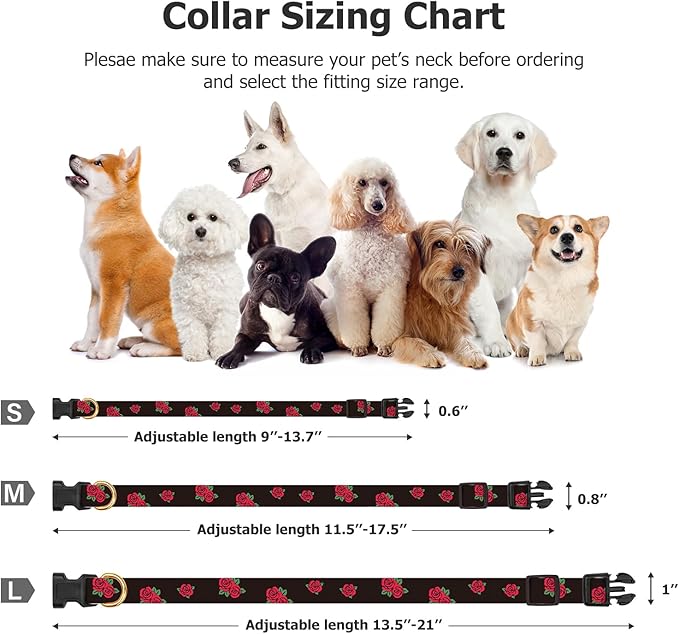 Cotton Handmade Dog Collar Cute and Distinctive Patterns Black Rose with Pendant for Girl Boy Dogs Collars L