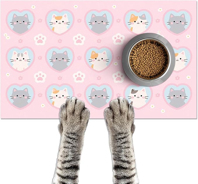 Cat Feeding Mat 24x16 inch Pink Heart Kitten Print Pet Bowl Placemat Non Slip Floor Mat for Food and Water Indoor Kitty Feeding Station Cute Meal Pad for Small Pets Kitchen Use