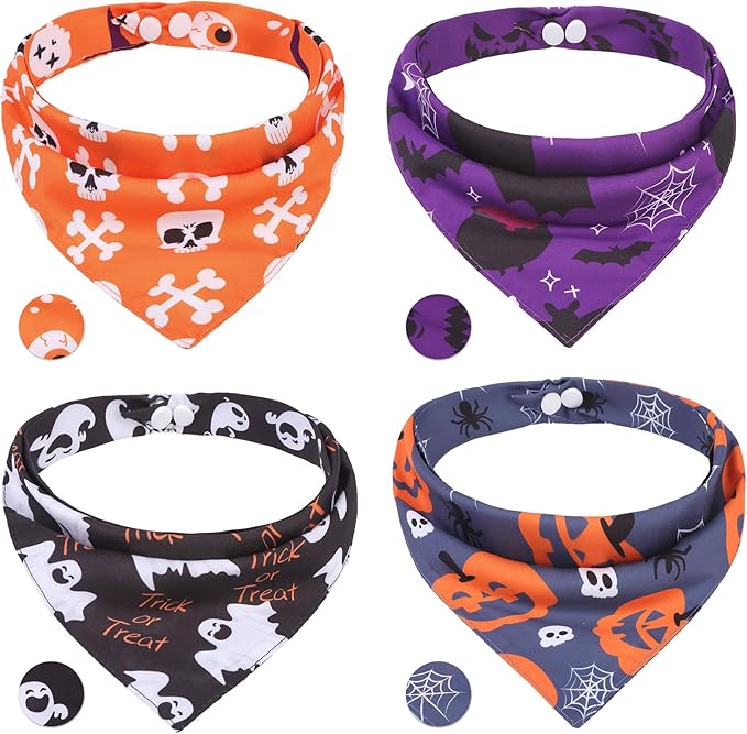 PAWCHIE Halloween Bandanas 4 Pack, Reversible Pumpkin Dog Scarf Bibs, Dog Holiday Costume Set with Two Adjustable Snaps, Multiple Halloween-Themed Patterns for Puppy, Cats, Pets