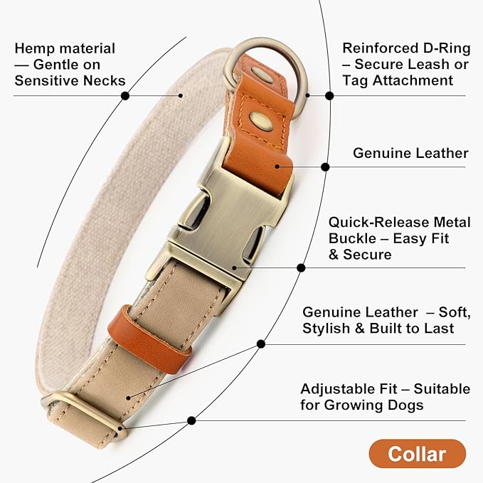 Plutus Pet Genuine Leather & Hemp Dog Collar – Adjustable Heavy Duty Pet Collar with Quick Release Metal Buckle, Soft & Stylish for Puppy and Small, Medium, Large Dogs (Beige, M)