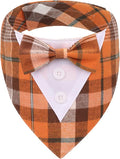 ADOGGYGO Fall Dog Tuxedo Bandana, Orange Plaid Pet Tux Collar with Bowtie, Adjustable Halloween Thanksgiving Formal Costume for Small Dogs Pets (S)