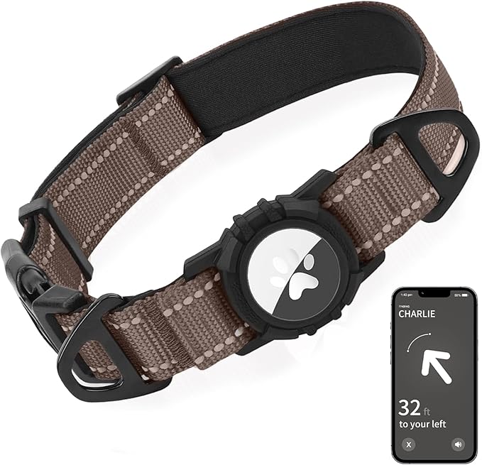 Joytale Airtag Dog Collar, Reflective Pet Collar with Waterproof AirTag Holder, Dual D-Rings, Soft Padded Adjustable for Extra Large Dogs, Brown, XL