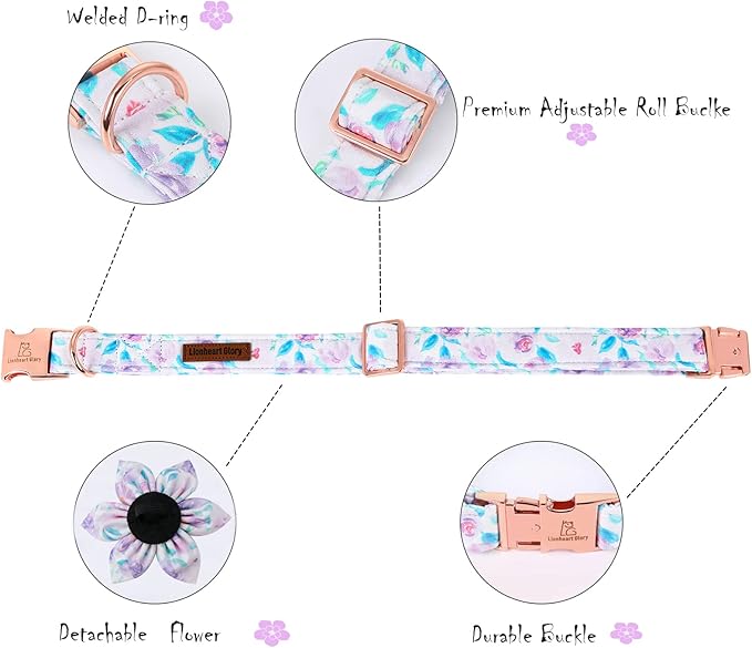 Lionheart Glory Dog Collar, Purple Dog Collar with Flower, Cute Floral Pattern Pet Collar Adjustable Dog Collar for Large Dogs