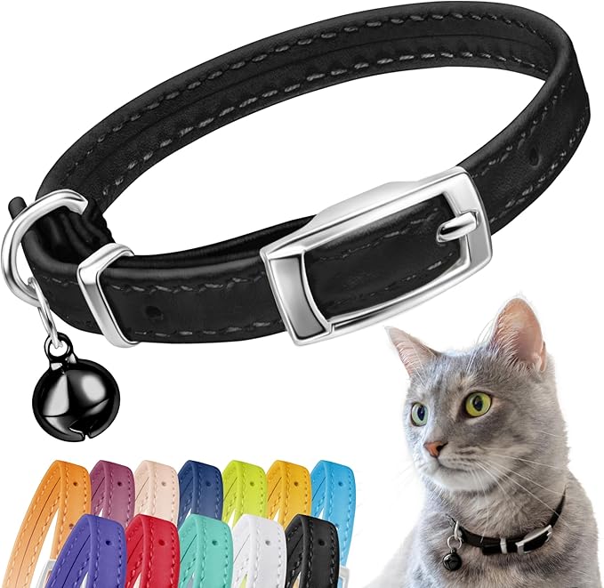 CollarDirect Leather Cat Collar, Cat Safety Collar with Elastic Strap, Kitten Strap with Bell Black Blue Red Orange Lime Green (6-7 Inch, Black)