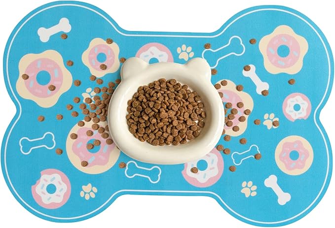 Dog Food Mat, 0.15” Thickened Super Absorbent Pet Feeding Mat for Food and Water, Fruit Donut Pattern Cat Placemat, Quick Dry Non-Slip Dog Bowl Mat, Water Splash Proof（Medium Donut Blue）