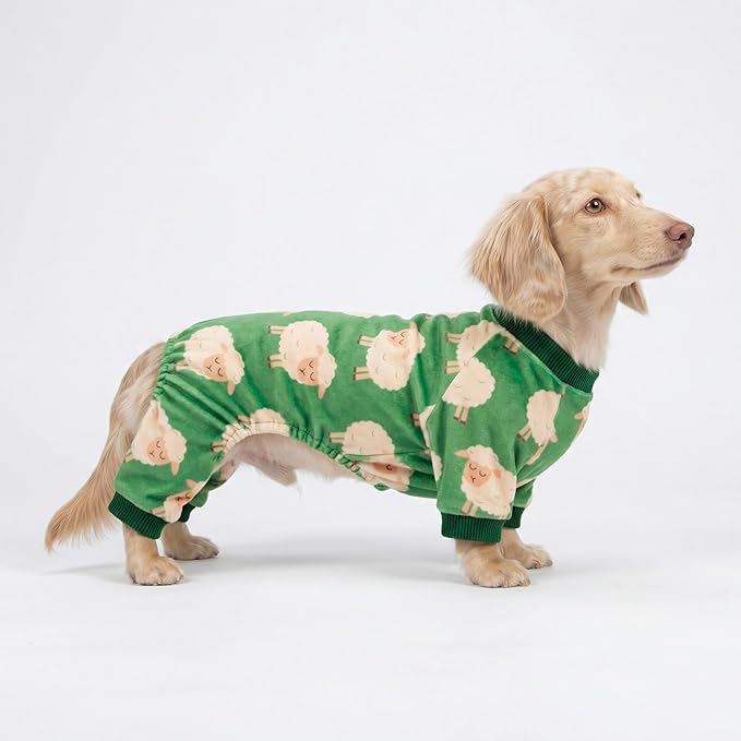 Fitwarm Funny Sheep Dog Pajamas, Warm Winter Dog Clothes for Small Dogs Boy Girl, Cozy Pet Onesie with Feet, Green, White, Large