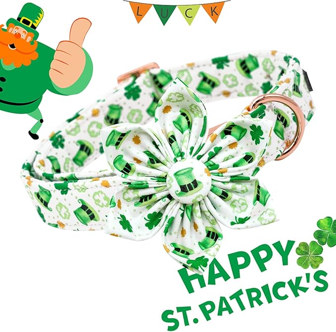 Lionheart glory St. Patrick's Day Dog Collar with Flower Dogs Collar,Soft Green Lucky Clover Shamrock Dog Collars Flower for Large Dogs Soft Collars Bows Heavy Duty