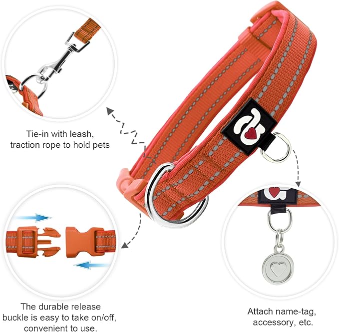 azuza Reflective Dog Collar, Soft Neoprene Padded Pet Collar with ID Tag Ring, Adjustable for Large Dogs,Rust Red,L