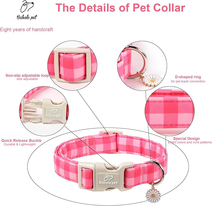Girl Dog Collar for Large Dogs - Cute Pink Plaid Puppy Collar, Soft Adjustable Spring Summer Female Dog Collars with Quick Release Buckle L
