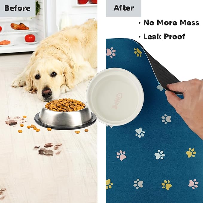 Pet Feeding Mat Absorbent Dog Mat for Food and Water Non Slip Quick Dry Dog Bowl Mats for Floors 27" X 17" Paw Lake Blue