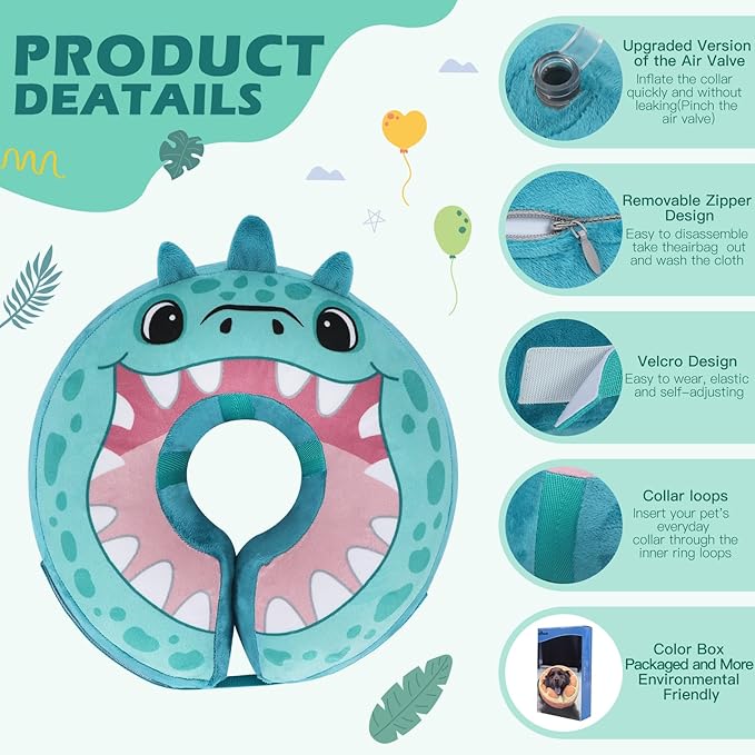 IEUUMLER Inflatable Recovery Dog Collar, Protective Donut Cone, Adjustable Soft Collar for Dog and Cat After Surgery Prevent from Biting & Scratching EU002 - Teal Dinosaur L+