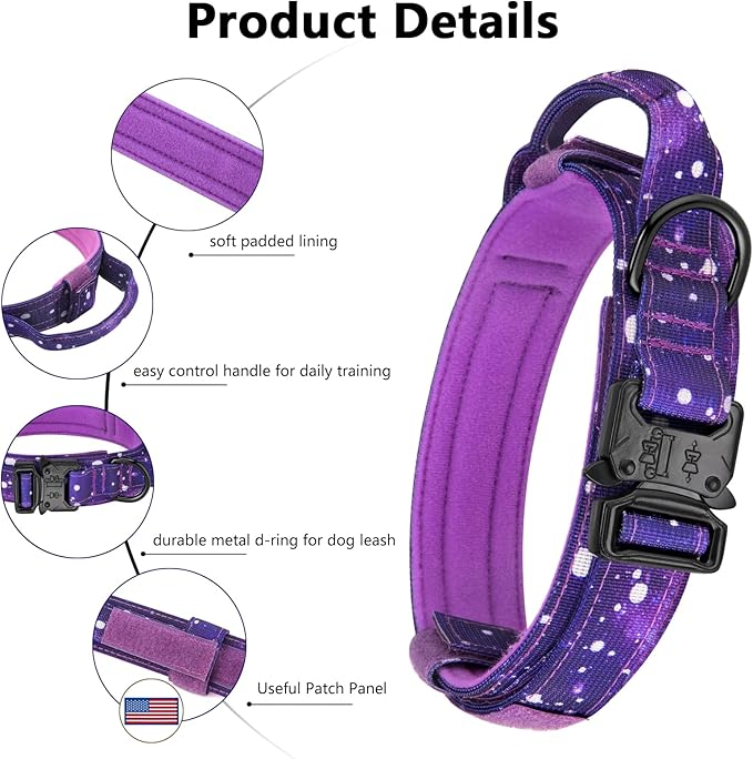 DAGANXI Tactical Dog Collar, Adjustable Military Training Nylon Dog Collar with Control Handle and Heavy Metal Buckle for Medium and Large Dogs, with Patches and Airtags Case (S, Purple Sky)