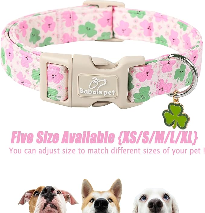 St Patricks Day Dog Collar for Giant Large Dogs - Cute Light Pink Shamrock Girl Dog Collars, Adjustable Irish Clover Puppy Collar with Quick Release Buckle XL