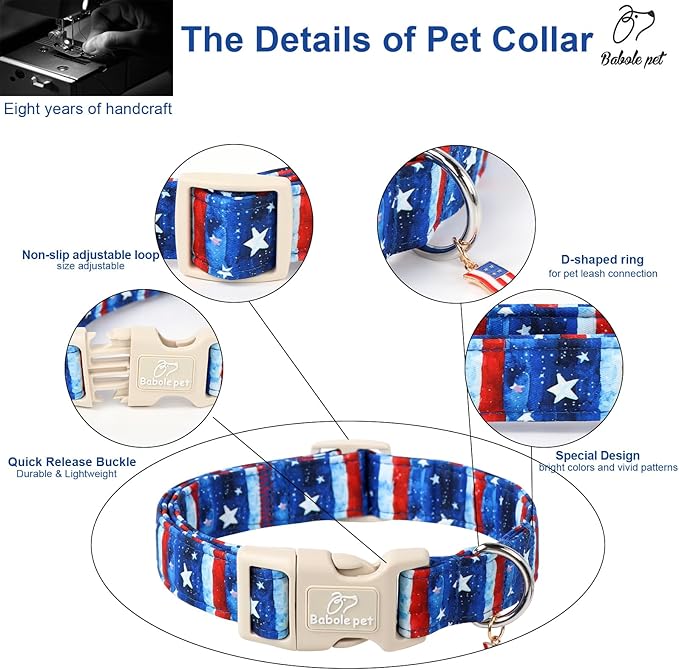 4th of July Dog Collar, Stars & Stripes Patriotic Dog Collars for Large Dogs, Adjustable Lightweight Quick-Release Buckle Collar for Boy&Girl Dogs L