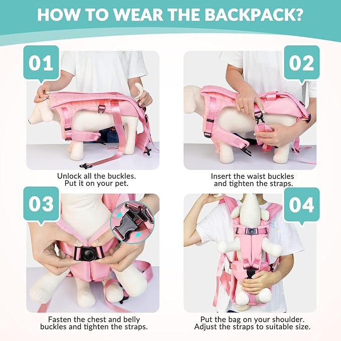 Dog Carrier Backpacks, Adjustable Dog Backpack Carrier, Legs Out Easy-fit Dog Chest Carrier for Medium Small Dogs, Hands Free Dog Front Carrier for Hiking, Cycling（Pink M）
