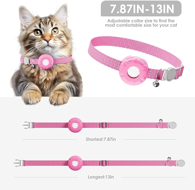 Smart Cat GPS Tracker, Cat Tracker Compatible with Apple Find My App (Only iOS), No Monthly Fee, Waterproof (White Tracker, Pink Cat Collar)