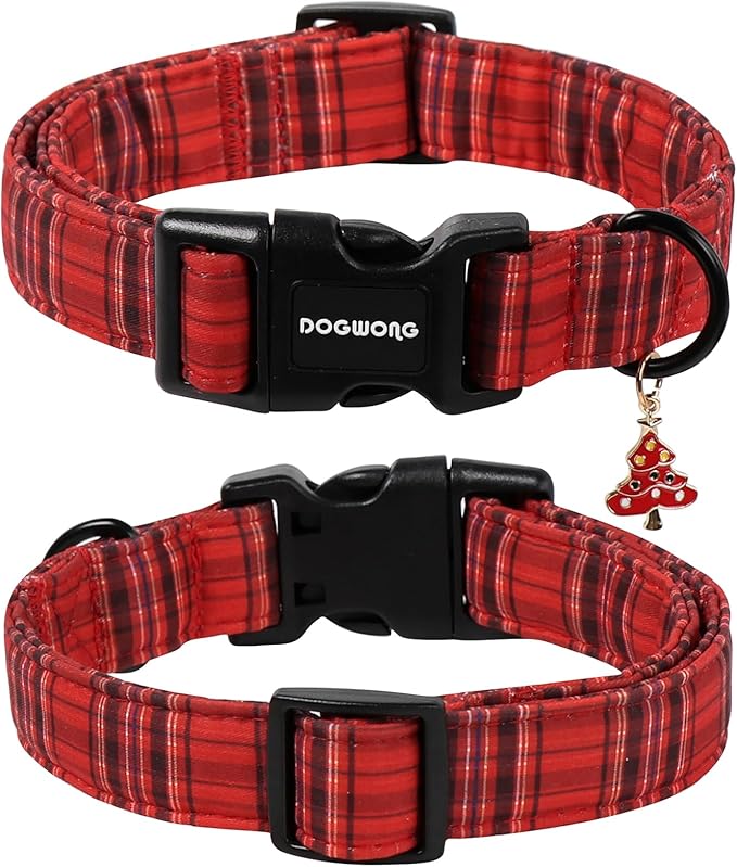 DOGWONG Christmas Plaid Dog Collar, Cute Adjustable Red Tartan Collar, Red Grid Dog Collar with Strong Plastic Buckle for Small Medium Large Dogs,M