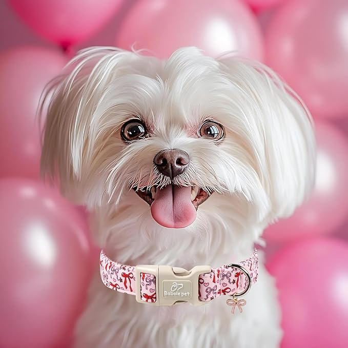 Girl Dog Collar for Medium Dogs - Cute Heart Bow Print Girly Dog Collars, Soft Adjustable Spring/Summer Holiday Female Dogs Collar with Quick-Release Buckle M