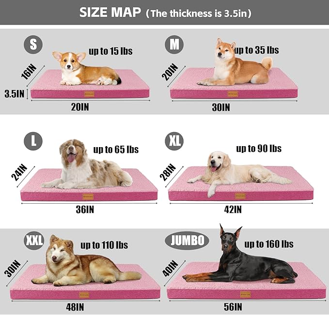Patas Lague Orthopedic Jumbo Dog Bed for Large Sized Dog 56''X40'', Soft Waterproof Egg Crate Foam Large Pet Crate Beds Mat with Removable Washable Cover and Non-Slip Bottom, Hot Pink