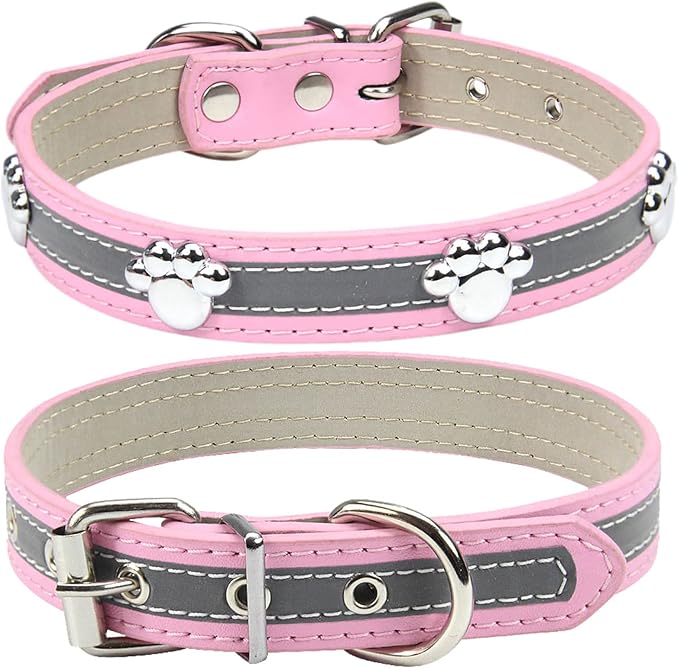 PETCARE Reflective Dog Collar with Cute Paw Rivet Studded Funny Soft PU Leather Adjustable Puppy Dog Collars for Small Medium Large Dogs Cats (Pink,Small)