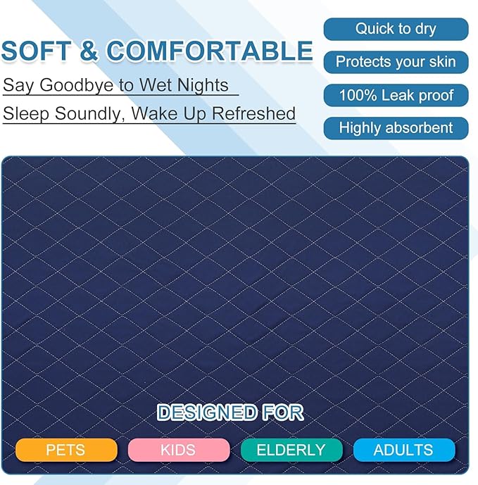 OUTCREATOR® Washable Bed Pads 34" x 76" (Pack of 2), Incontinence Mattress Protector, Anti-Slip Waterproof Underpads for Adults Kids Elderly Pets, Absorbency & Reusable Bedwetting Pads (Dark Blue)