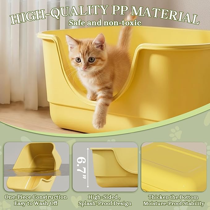 2 Pack Low Entry Small Litter Box for Kittens, Kitty Plastic Litter Boxes, Open Top, Anti-Splash High Sided Litter Tray Pan for Medium Pets, Puppy, Easy to Clean, 15.7"L*11.8"W*6.7"H (Yellow)