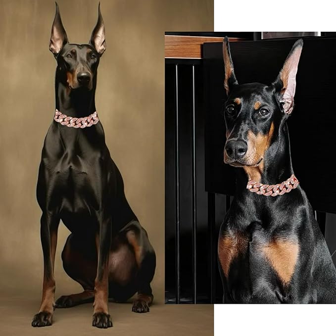 Cuban Link Dog Chain Collar Rose Gold Crystal Dog Necklace Metal with Design Secure Buckle Pet Collar Jewelry Accessories for Small Medium Large Dogs Cats(Rose Glod 20inch)