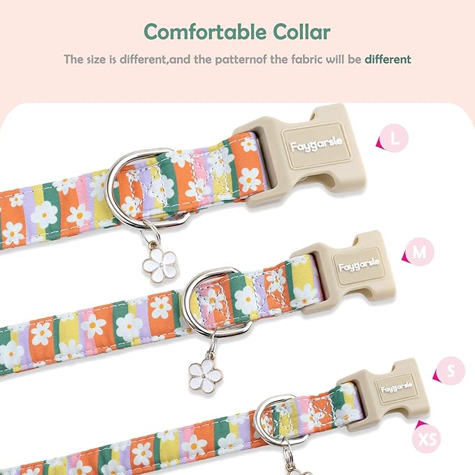 Faygarsle Colorful Floral Dog Collar, Cotton Fabric with Daisy Pattern, Multi-Color Stripes Spring Summer Design for Small Medium Large Dogs XS