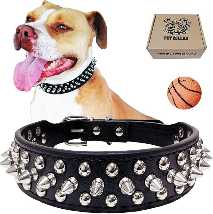 TEEMERRYCA Adjustable Microfiber Leather Spiked Studded Dog Collars with a Squeak Ball Gift for Small Medium Large Pets Like Cats/Pit Bull/Bulldog/Pugs/Husky, Black, XXL 19.7-22.4 inches