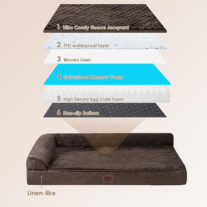 EHEYCIGA Memory Foam Dog Bed Large Size Dogs, Orthopedic Dog Bed Large with Washable Removable Cover, Waterproof Pet Sofa Couch with Nonskid Bottom, 36x27x6, Brown