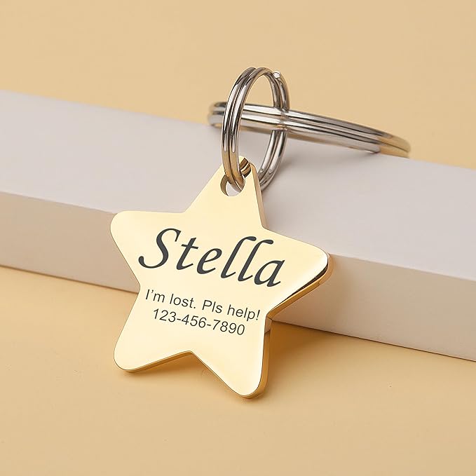 Anavia Personalized Pet ID Tags, Stainless Steel Glossy Laser Engraved Dog Cat Collar Name Tags, Multiple Colors Shapes Sizes (Star, Regular)