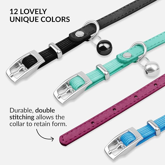 CollarDirect Leather Cat Collar with Bell - Kitten Collar, Small and Big Cat Collar for Boy Cats, Girl Cats with Safety Elastic Strap (Neck Fit 8"-11", Pink)