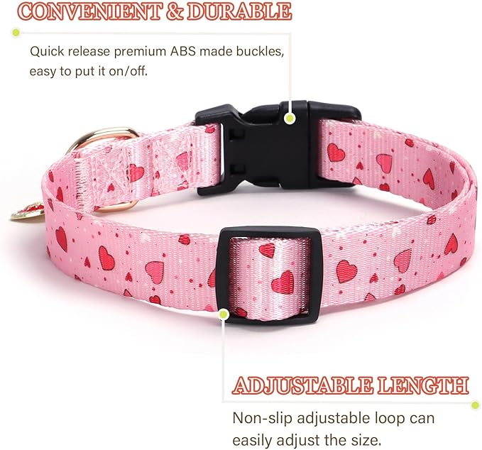 Love Pattern Dog Collar with Buckle Adjustable Safety Nylon Collars for Small Medium Large Dogs, Cute Stylish Girl Boy Christmas Dog Collar(Pink Heart,XL)