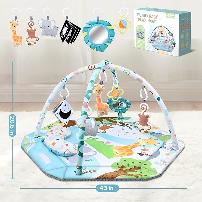 Baby Gym Play Mat, 8-in-1 Tummy Time Mat & Ball Pit with 6 Toys, Washable Baby Activity Play Mat for Visual, Hearing, Sensory, Motor Development, Baby Toys Gift for Toddler Infant 0-3-6-9-12 Months