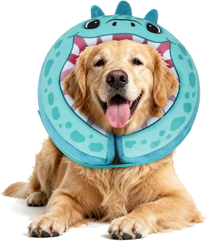 IEUUMLER Inflatable Recovery Dog Collar, Protective Donut Cone, Adjustable Soft Collar for Dog and Cat After Surgery Prevent from Biting & Scratching EU002 - Teal Dinosaur M+