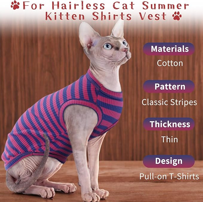 BRKURLEG Sphynx Hairless Cats Shirt Puppy Clothes Soft Cotton T-Shirts Cute Cats Pajamas Cat Stripes Vest Pet Sweater, Round Collar Vest Kitten Shirts(PinkBlue Stripes, M)
