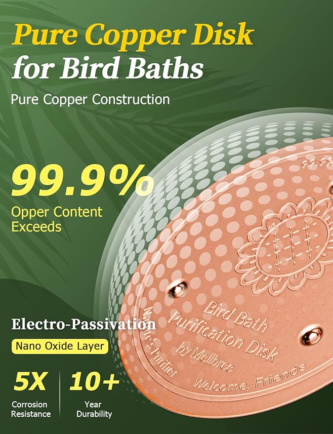 Mellbree 3-Pack Bird Bath Copper Disk, 0.6mm Reinforced 99.99% Pure Copper Cleaning Disk with Triple-Point Support for Physical Safe Clean Water All-Season (Sunflower)
