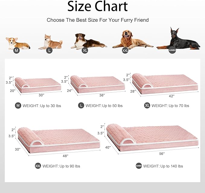 Orthopedic XL Dog Bed Large Sized Dog with Pillow 48''X30'', Waterproof Soft Comfortable Egg Crate Foam Pet Crate Beds Mat with Removable Washable Cover and Non-Slip Bottom, Pink