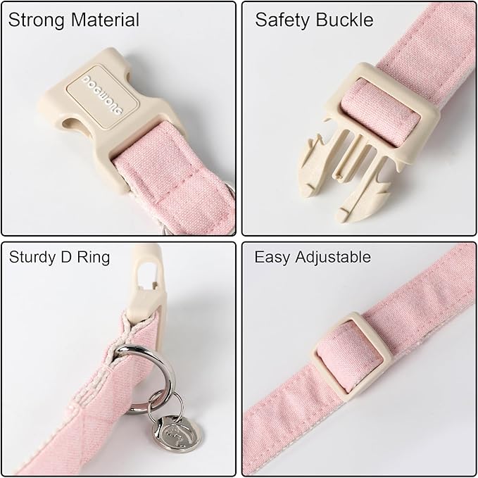 DOGWONG Cotton Hemp Pink Dog Collar Adjustable Soft Natural Fabric Pet Collar Cute Wedding Puppy Necklace for Small Medium Large Dogs