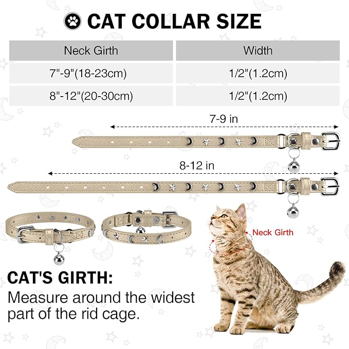 Leather Cat Collars for Boy Girl Cats with Bell and Safety Elastic Belt, Personalized Star and Moon Stud Adjustable Safe Buckle Collar for Kitty Small Big Cats Size 7-9 Inch, Gold