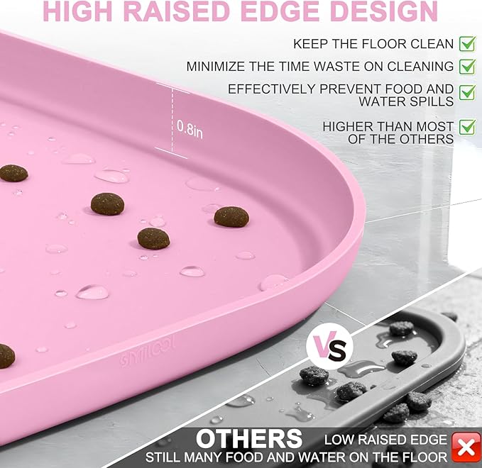Silicone Pet Food Mat with Raised Edge for Food and Water Bowl, Dog Feeding Mats, Cat Food Trays for Floor Waterproof, Rubber Tray for Dogs and Cats, 24 x 16 x 0.8 Pink