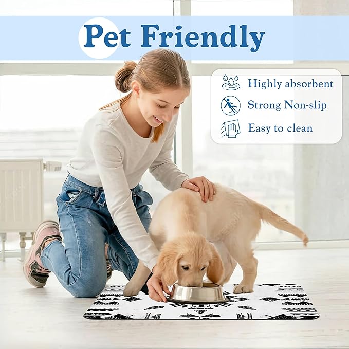 Black Boho Art Dog Food Mat–Christmas Stocking Absorbent Quick Dry Feeding Placemat for Food and Water Bowls, Non Slip Rubber Backing, Waterproof Pet Supplies for Mess-Free Eating 12"x20"