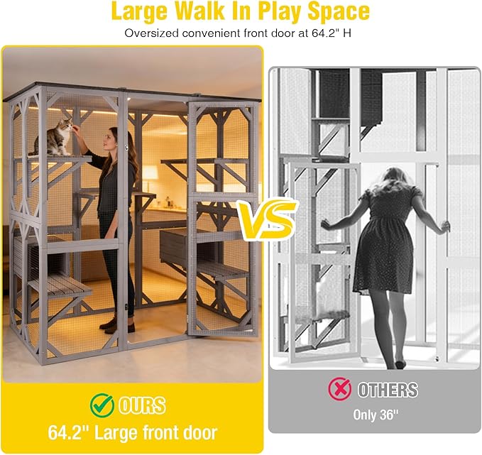 Aivituvin Cat House Outdoor Catio Kitty Enclosure with Super Large Enter Door,Wooden Cat Cage Condo Indoor Playpen with Platforms,Small House 71 Inch