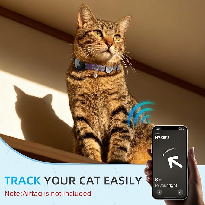 Airtag Cat Collar Breakaway with QR Code Name Tag, Reflective cat Collar airtag Holder with Bell, Cat ID Tag Personalized, Ultra-Durable, Adjustable, Quick Release, Fits Small Large Cats, Purple